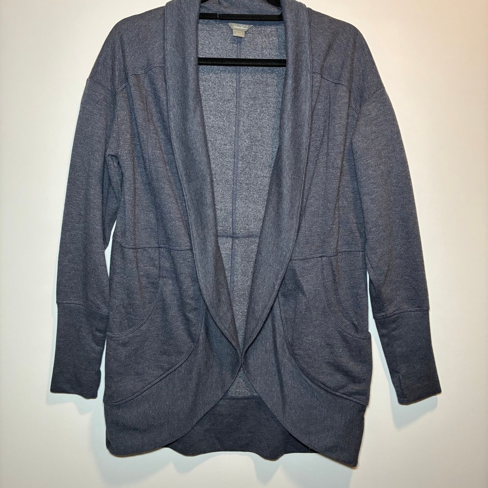 Eddie Bauer Camp Fleece Wrap Open Cardigan Long Small Blue Office Minimalist